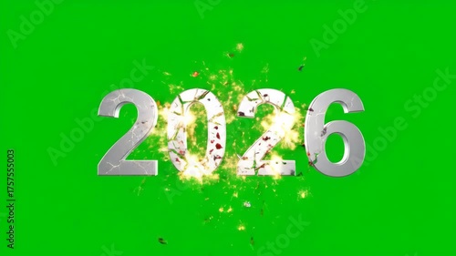 The year 2026 in metallic 3D numbers spectacularly explodes with fiery sparks. An isolated animation on a green screen chroma key background