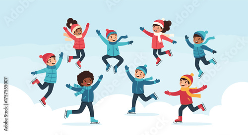 Children happily ice skating in a winter wonderland celebrating the cold season.