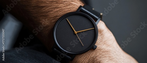 Black leather wristwatch with gold accents minimalist timepiece detail