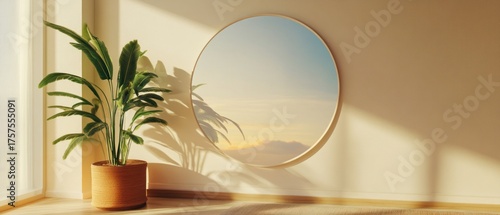 Sunlit interior scene with potted plant and sunset reflection in circular mirror