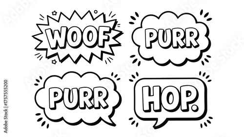 Four cartoon speech bubbles with woof purr and hop in black and white vector illustration on transparent background silhouette