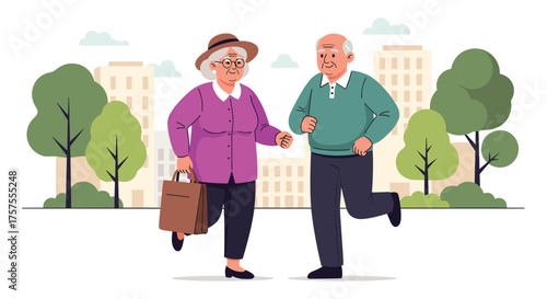 Elderly couple enjoying a brisk walk in the city park surrounded by trees and buildings.