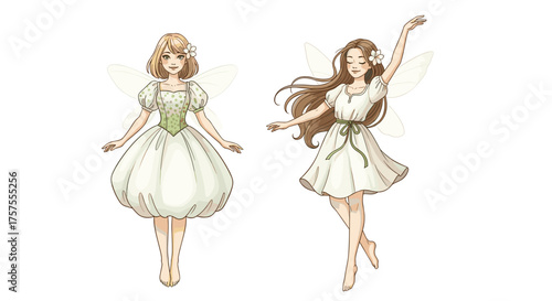 A charming set of two beautifully illustrated young fairies or nymphs with delicate wings, gracefully posing in elegant vintage-style dresses