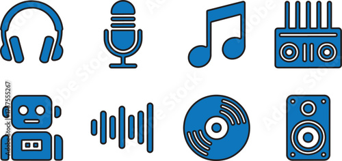 A Collection of Music Themed Icons Featuring Headphones A Microphone A Musical Note A Boombox A Robot A Sound Wave A CD And A Speaker