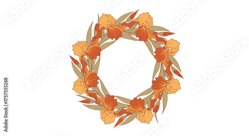 Autumn wreath with dried leaves and flowers in warm earthy tones on a white background