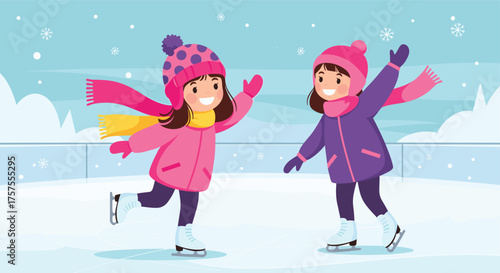 Two young girls enjoying ice skating on a chilly winter day with snowflakes falling.