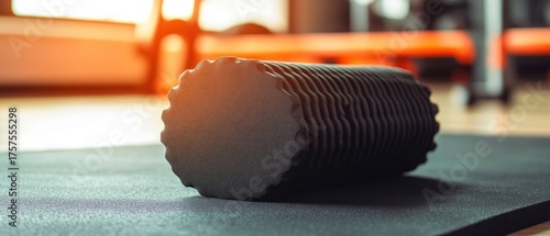 Black foam roller on exercise mat fitness wellness and therapy