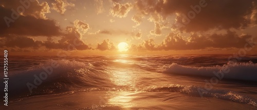 Golden sunset over ocean waves calm sea and vibrant sky