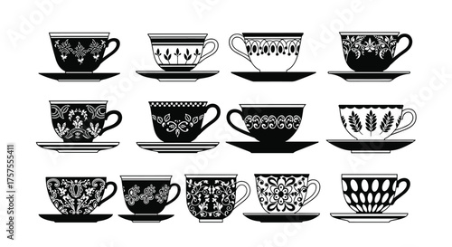A collection of vintage teacups and saucers featuring elegant decorative patterns in black and white.