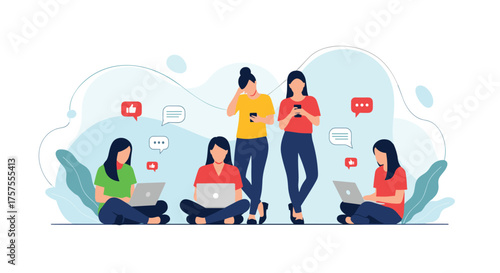 Young people are interacting with their devices and social media.