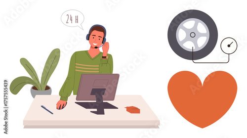 Man with headset at desk speaking into microphone beside heart and tire with gauge. Ideal for customer service, support, automotive care, assistance, helpdesk, communication, reliability, simple flat
