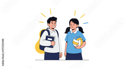 Two young students talking happily about their school day and favorite hobbies.