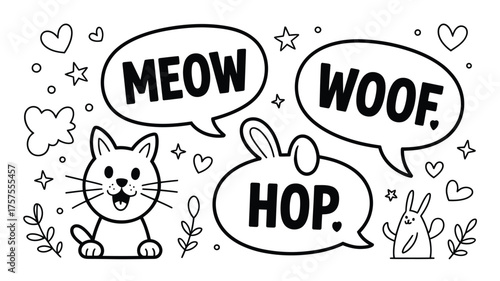 Cartoon image showing a cat saying meow a dog saying woof and a rabbit saying hop in black and white on transparent background silhouette
