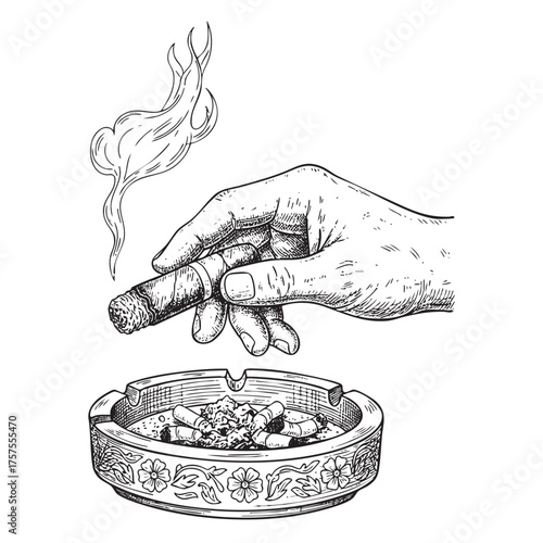 Hand Holding Smoking Cigar Over Ashtray Illustration Vector
