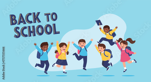 Excited children in backpacks joyfully jumping in the air for back to school celebration.