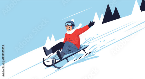 A person enjoys a thrilling ride down a snowy hill on a sled.