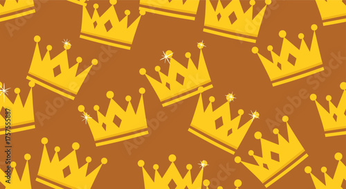 Golden crowns pattern with sparkling highlights on a warm brown background