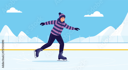 A person gracefully ice skating on a frozen rink during a winter day.