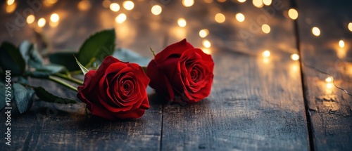 Red roses on wooden background with string lights romantic flowers valentine decoration