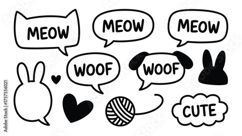 Cartoon illustration featuring speech bubbles with animal sounds and animal silhouettes on transparent background