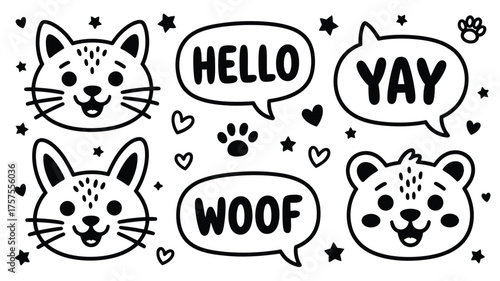 Cartoon animal faces with speech bubbles hearts stars and paw print in black and white line art style on transparent background silhouette