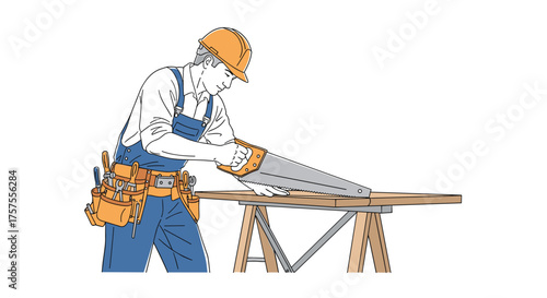 A carpenter wearing overalls and a hard hat is skillfully cutting a wooden plank with a hand saw while it rests on sawhorses.