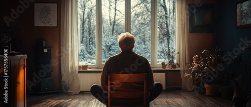 Person contemplating winter scene from window warm interior setting