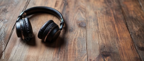 Black leather wireless headphones on rustic wood