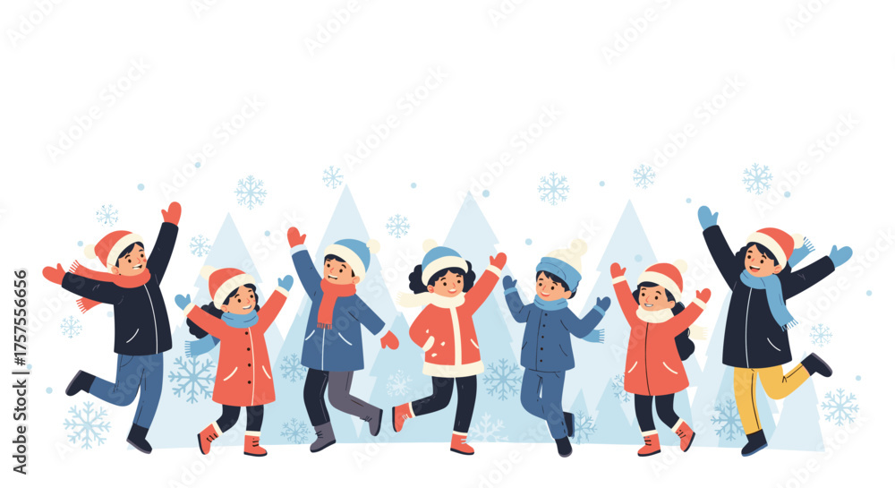 Obraz premium Happy children enjoying a snowy winter day playing outdoors together.