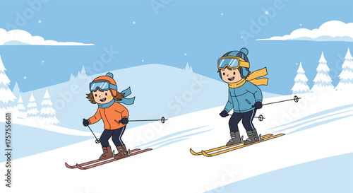 Two children in winter clothing skiing down a snow-covered hill with trees in the background.