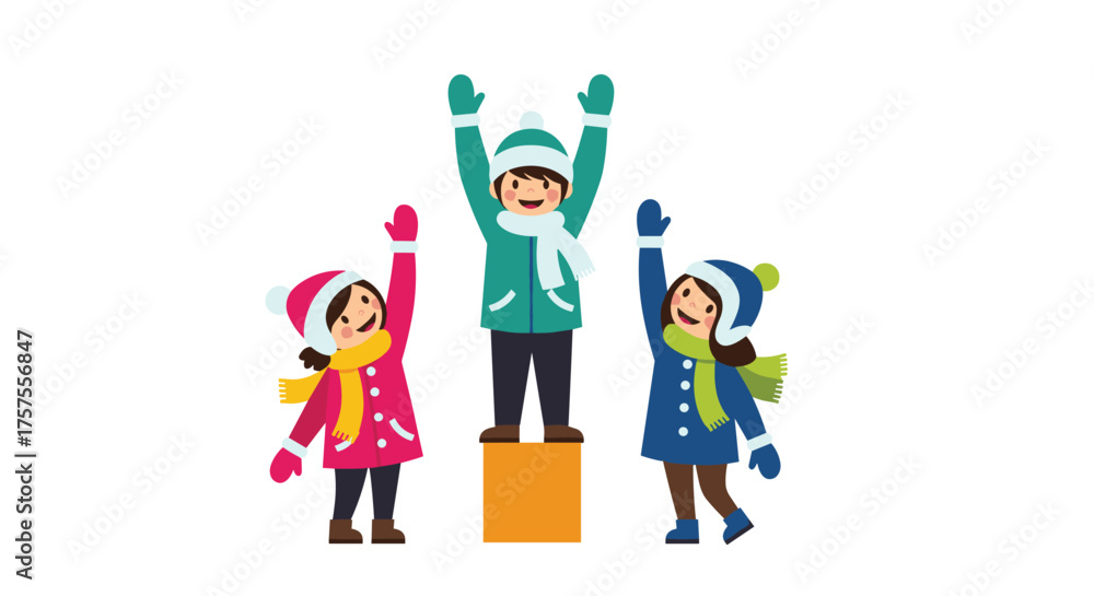 Fototapeta premium Children celebrating their victory on a podium during winter holidays.