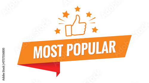 Vector art of most popular orange banner an eyecatching orange banner with a thumbsup icon highlights the phrase most popular, perfect for promoting top choices