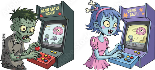 Zombie arcade, cartoon horror, brain games, creepy play, undead fun, joystick action, green skin, spooky screen, festive gaming, surreal entertainment