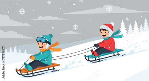 Two children are sledding down a snowy hill on a winter day.