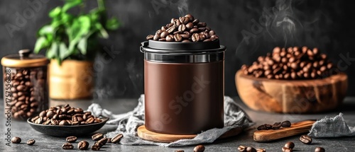 Roasted coffee beans aromatic steam rising from brown container
