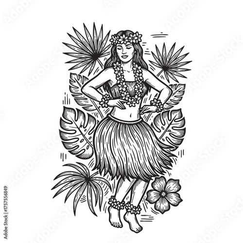 Hula Dancer with Lei and Grass Skirt - Polynesian Tropical Dance Illustration Vector