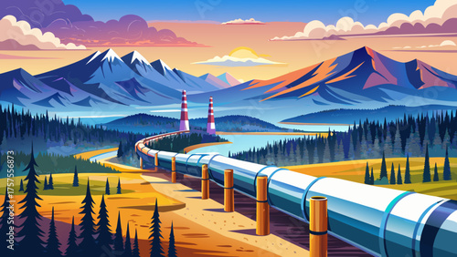 Very beautiful aerial view of the Trans-Alaska Pipeline System near Fairbanks, Alaska, USA, stretching across snowy tundra and rolling hills, showcasing engineering marvels amid pristine Arctic wilder