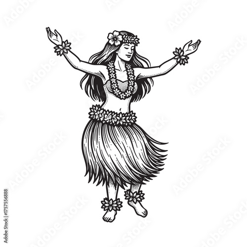Hula Dancer with Lei and Grass Skirt - Polynesian Tropical Dance Illustration Vector