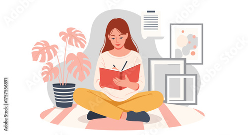 A young woman thoughtfully writes in her journal while sitting cross-legged on a rug surrounded by plants and art.