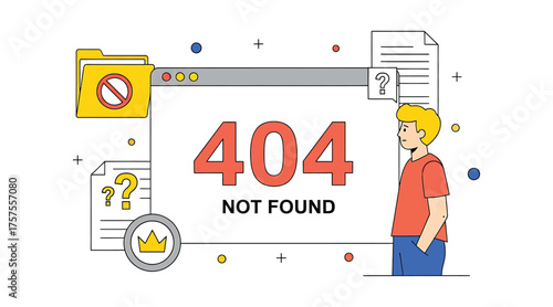 Vector art of 404 error page not found illustration, featuring a confused person and broken file, representing website issues and technical problems