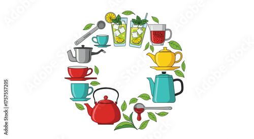 A circular arrangement of various tea sets and beverages with fresh leaves adorning the composition.