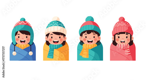 Adorable children dressed in cozy winter clothing with warm hats and scarves ready for the cold season.