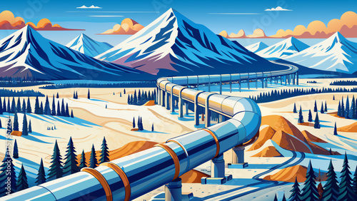Very beautiful aerial view of the Trans-Alaska Pipeline System near Fairbanks, Alaska, USA, stretching across snowy tundra and rolling hills, showcasing engineering marvels amid pristine Arctic wilder