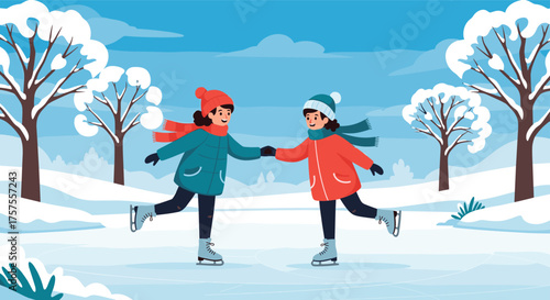 Two friends enjoy a joyful ice skating session on a frozen lake surrounded by snow-covered trees.