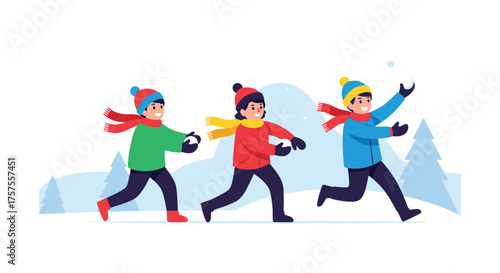 Children gleefully engage in a playful snowball fight on a snowy winter day.