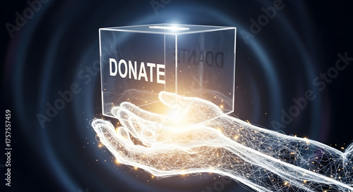 Glowing hands holding a transparent cube with donate text
