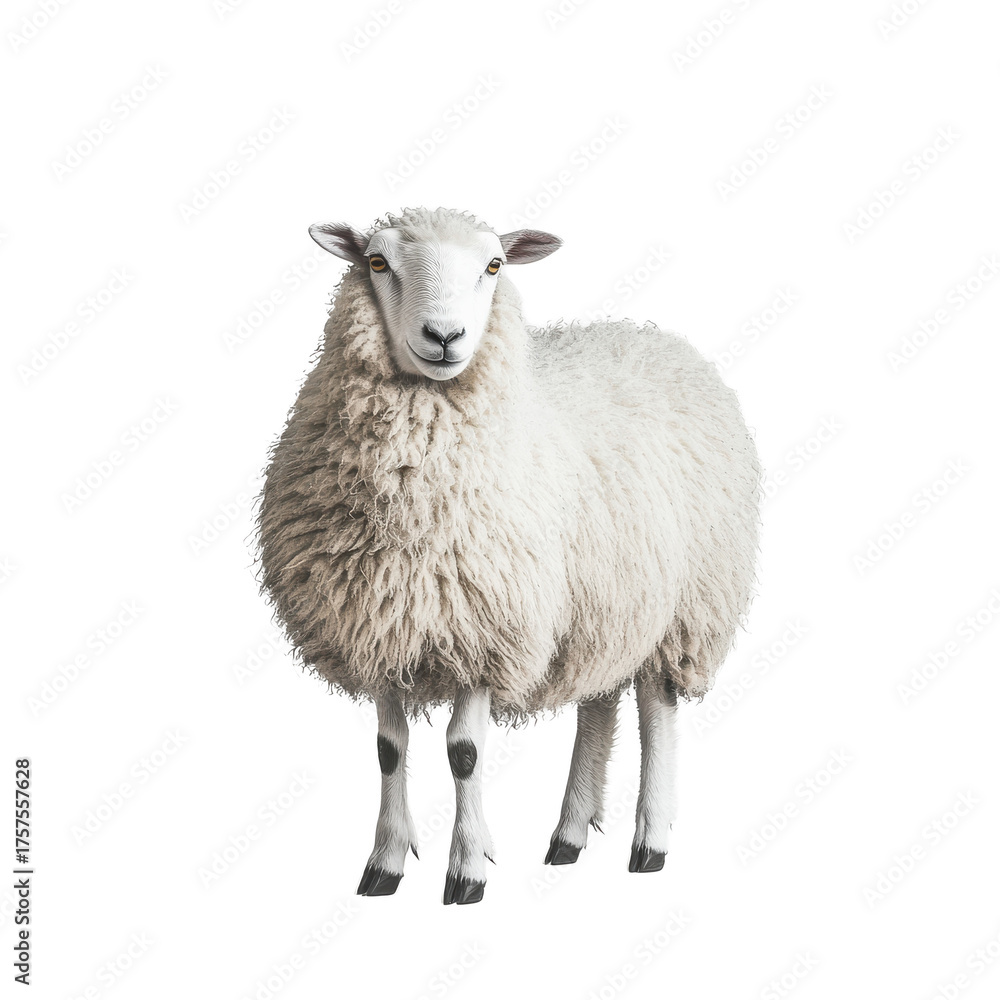 Fototapeta premium A fluffy white sheep with its eyes closed standing peacefully isolated on transparent background