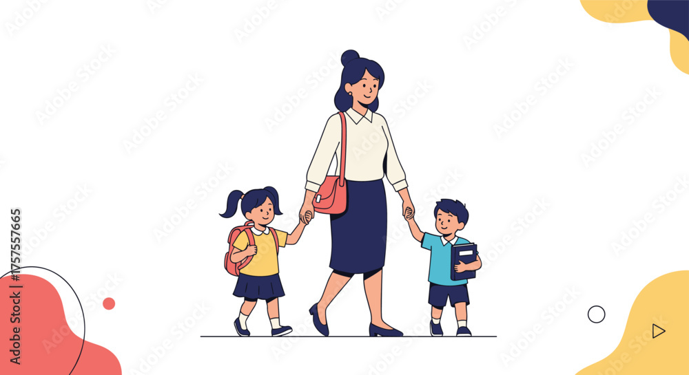 Fototapeta premium A caring teacher guides young students to school with backpacks ready for learning and exploration.