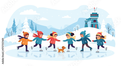 Children and a small dog ice skating together on a frozen pond in a winter wonderland scene.