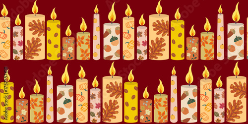 autumn candles border pattern seasonal cozy fall holiday decorative banner template header design background repeatable horizontal element warm illustration